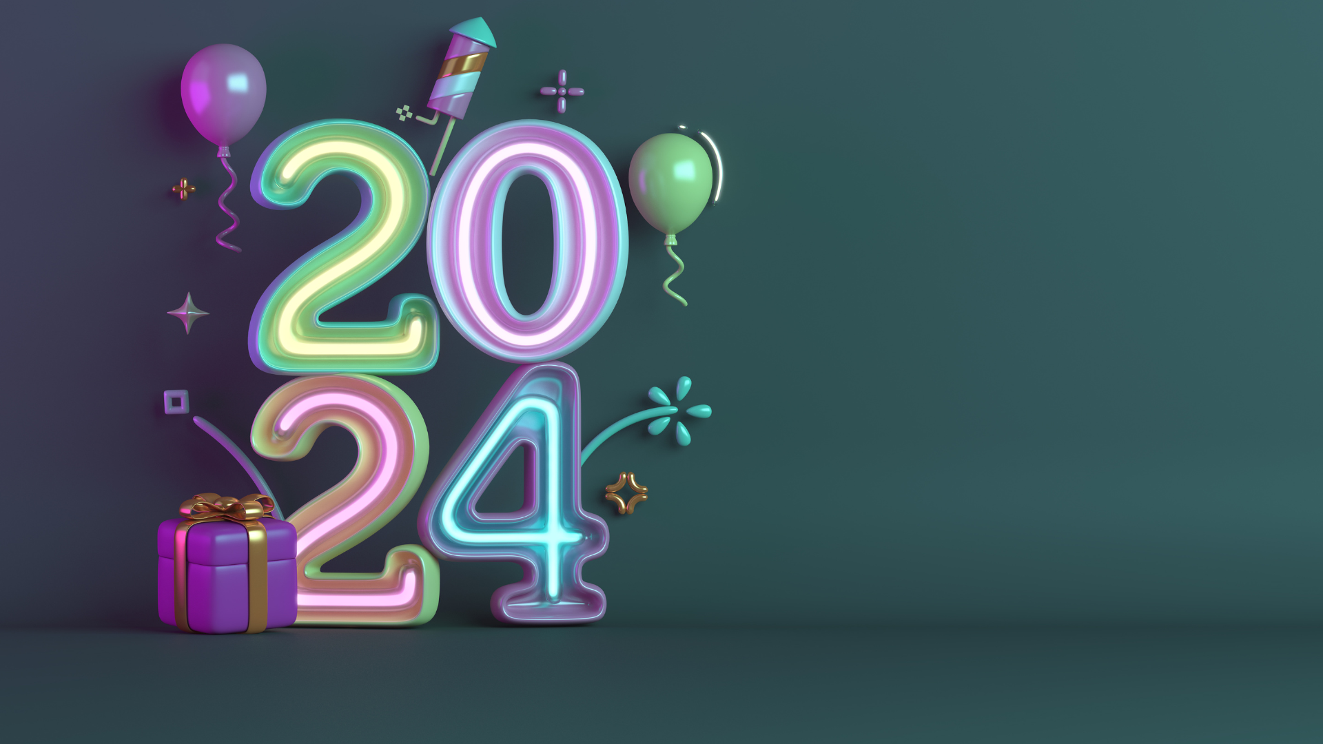 Neon "2024" with balloons around it on a navy background